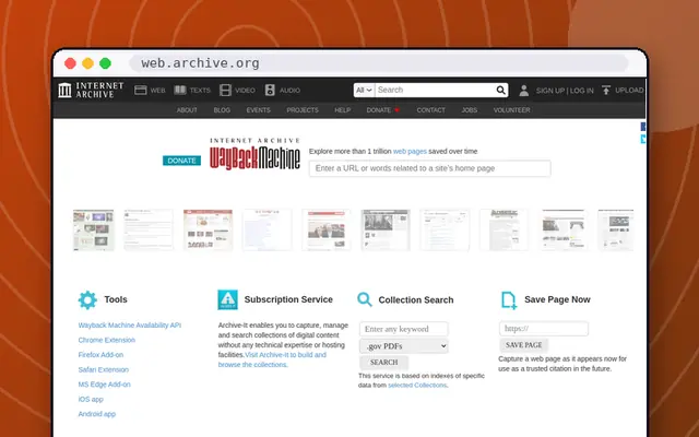 Wayback Machine: preview of web.archive.org