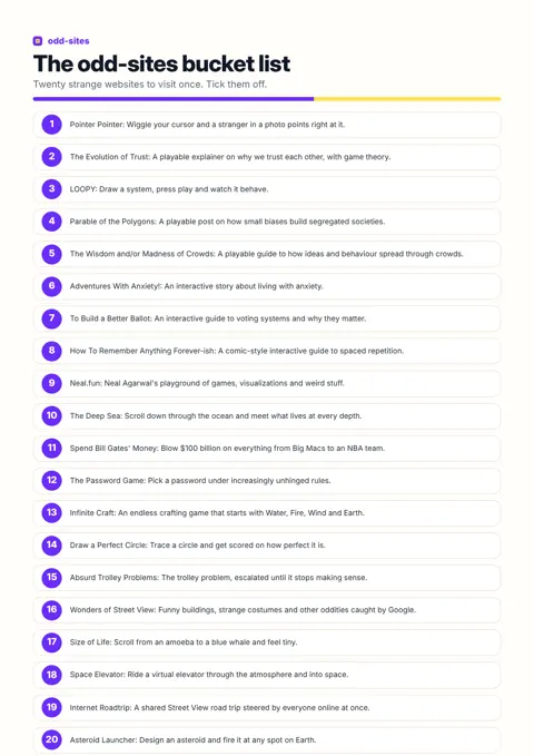 The odd-sites bucket list